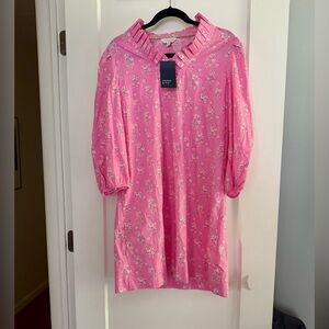 NWT Crown & Ivy pink floral dress W/ruffled collar, pockets. 3/4 sleeves. Sz L